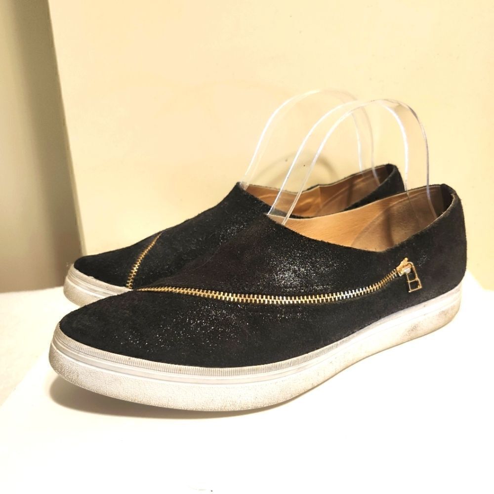ALL BLACK For Anthropologie Black Sparkly Suede Slant Zipper Sneakers Sz.7 $144